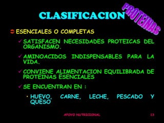 CLASIFICACION
 ESENCIALES O COMPLETAS
   SATISFACEN NECESIDADES PROTEICAS DEL
    ORGANISMO.
   AMINOACIDOS INDISPENSABLES PARA LA
    VIDA.
   CONVIENE ALIMENTACION EQUILIBRADA DE
    PROTEINAS ESENCIALES
   SE ENCUENTRAN EN :
    • HUEVO,   CARNE,     LECHE,   PESCADO   Y
      QUESO

               APOYO NUTRICIONAL             13
 