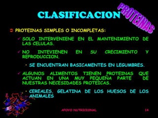 CLASIFICACION
 PROTEINAS SIMPLES O INCOMPLETAS:
   SOLO INTERVENIENE EN EL MANTENIMIENTO DE
    LAS CELULAS.
   NO   INTEVIENEN     EN      SU    CRECIMIENTO     Y
    REPRODUCCION.
     • SE ENCUENTRAN BASICAMENTES EN LEGUMBRES.
   ALGUNOS ALIMENTOS TIENEN PROTEINAS              QUE
    ACTUAN EN UNA MUY PEQUEÑA PARTE                  DE
    NUESTRAS NECESIDADES PROTEICAS.
     • CEREALES, GELATINA DE LOS HUESOS DE LOS
       ANIMALES


                  APOYO NUTRICIONAL                  14
 