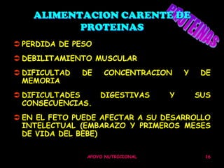 ALIMENTACION CARENTE DE
           PROTEINAS
 PERDIDA DE PESO
 DEBILITAMIENTO MUSCULAR
 DIFICULTAD   DE    CONCENTRACION      Y    DE
  MEMORIA
 DIFICULTADES      DIGESTIVAS      Y       SUS
  CONSECUENCIAS.
 EN EL FETO PUEDE AFECTAR A SU DESARROLLO
  INTELECTUAL (EMBARAZO Y PRIMEROS MESES
  DE VIDA DEL BEBE)

                APOYO NUTRICIONAL            16
 