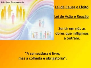Princípios Fundamentais
Lei de Causa e Efeito
Lei de Ação e Reação
Sentir em nós as
dores que infligimos
a outrem.
"A semeadura é livre,
mas a colheita é obrigatória";
 