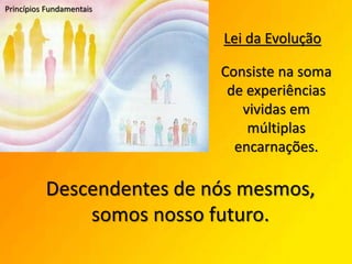 Princípios Fundamentais
Descendentes de nós mesmos,
somos nosso futuro.
Lei da Evolução
Consiste na soma
de experiências
vividas em
múltiplas
encarnações.
 