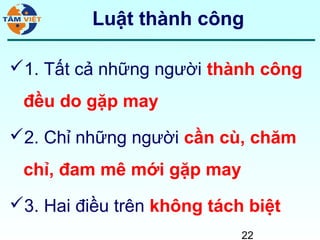 Luật thành công

1. Tất cả những người thành công
 đều do gặp may
2. Chỉ những người cần cù, chăm
 chỉ, đam mê mới gặp may
3. Hai điều trên không tách biệt
                            22
 