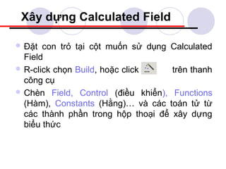 Xây dựng Calculated Field

 Đặt  con trỏ tại cột muốn sử dụng Calculated
  Field
 R-click chọn Build, hoặc click    trên thanh
  công cụ
 Chèn Field, Control (điều khiển), Functions
  (Hàm), Constants (Hằng)… và các toán tử từ
  các thành phần trong hộp thoại để xây dựng
  biểu thức
 