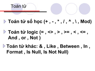 Toán tử


Toán tử số học (+ , - , * , / , ^ ,  , Mod)

Toán tử logic (= , <> , > , >= , < , <= ,
And , or , Not )
Toán tử khác: & , Like , Between , In ,
Format , Is Null, Is Not Null)
 