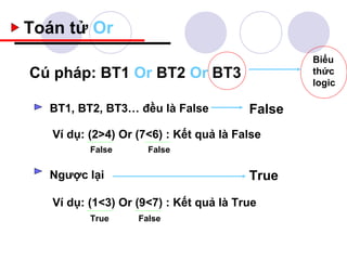 Toán tử Or
                                                Biểu
Cú pháp: BT1 Or BT2 Or BT3                      thức
                                                logic

  BT1, BT2, BT3… đều là False           False
   Ví dụ: (2>4) Or (7<6) : Kết quả là False
          False      False


  Ngược lại                             True
   Ví dụ: (1<3) Or (9<7) : Kết quả là True
          True     False
 