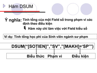 Hàm DSUM

Ý nghĩa: Tính tổng của một Field số trong phạm vi xác
           định theo điều kiện
            Hàm này chỉ làm việc với Field kiểu số
Ví dụ: Tính tổng học phí của Sinh viên ngành sư phạm


    DSUM(“[SOTIEN]”,”SV”,”[MAKH]=‘SP’”)

              Biểu thức Phạm vi           Điều kiện
 
