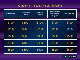 Chapter 4 - Tissue: The Living Fabric 
Epithelium Connective 
$100 
$200 
$300 
$400 
$500 
Tissue 
Muscle 
Tissue 
Membranes 
and Tissue 
Repair 
All Tissues 
$100 $100 $100 $100 
$200 $200 $200 $200 
$300 $300 $300 $300 
$400 $400 $400 $400 
$500 $500 $500 $500 
FINAL ROUND 
 
