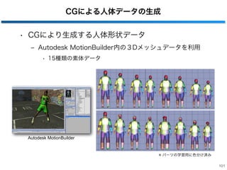 CGによる人体データの生成
• CGにより生成する人体形状データ
‒ Autodesk MotionBuilder内の３Dメッシュデータを利用
• 15種類の素体データ
101
※ パーツの学習用に色分け済み
Autodesk MotionBuilder
 