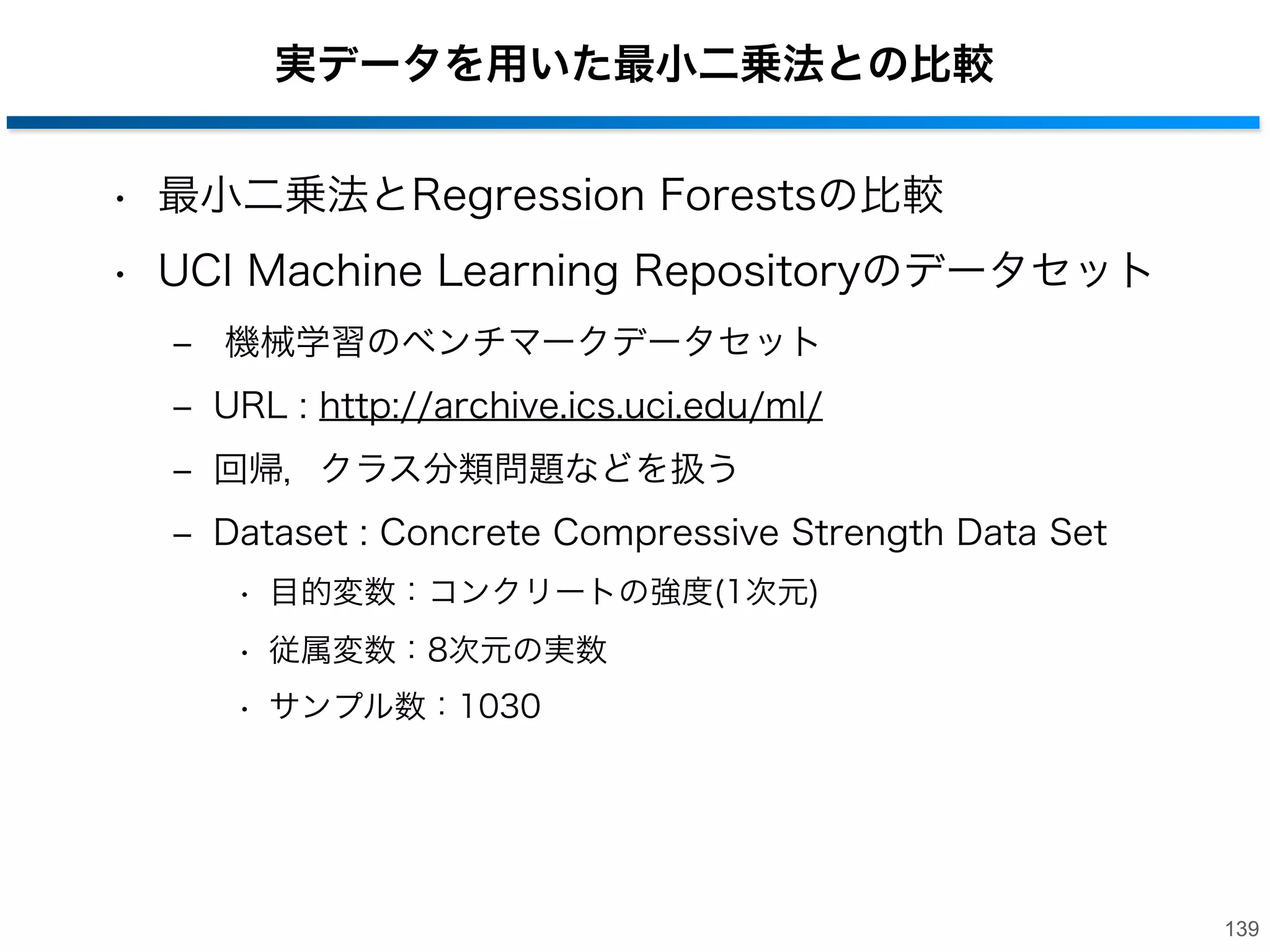 回帰モデル：確率的線形モデル
• 木の数：10，木の深さ：2
400

train sample
output
kukan +
kukan -

350

300

Y

250

200

150

100

50

0
0

50

100

150

200
X

250

300

350

400

→サンプルの分散に基づき回帰の信頼性を表現

138

 