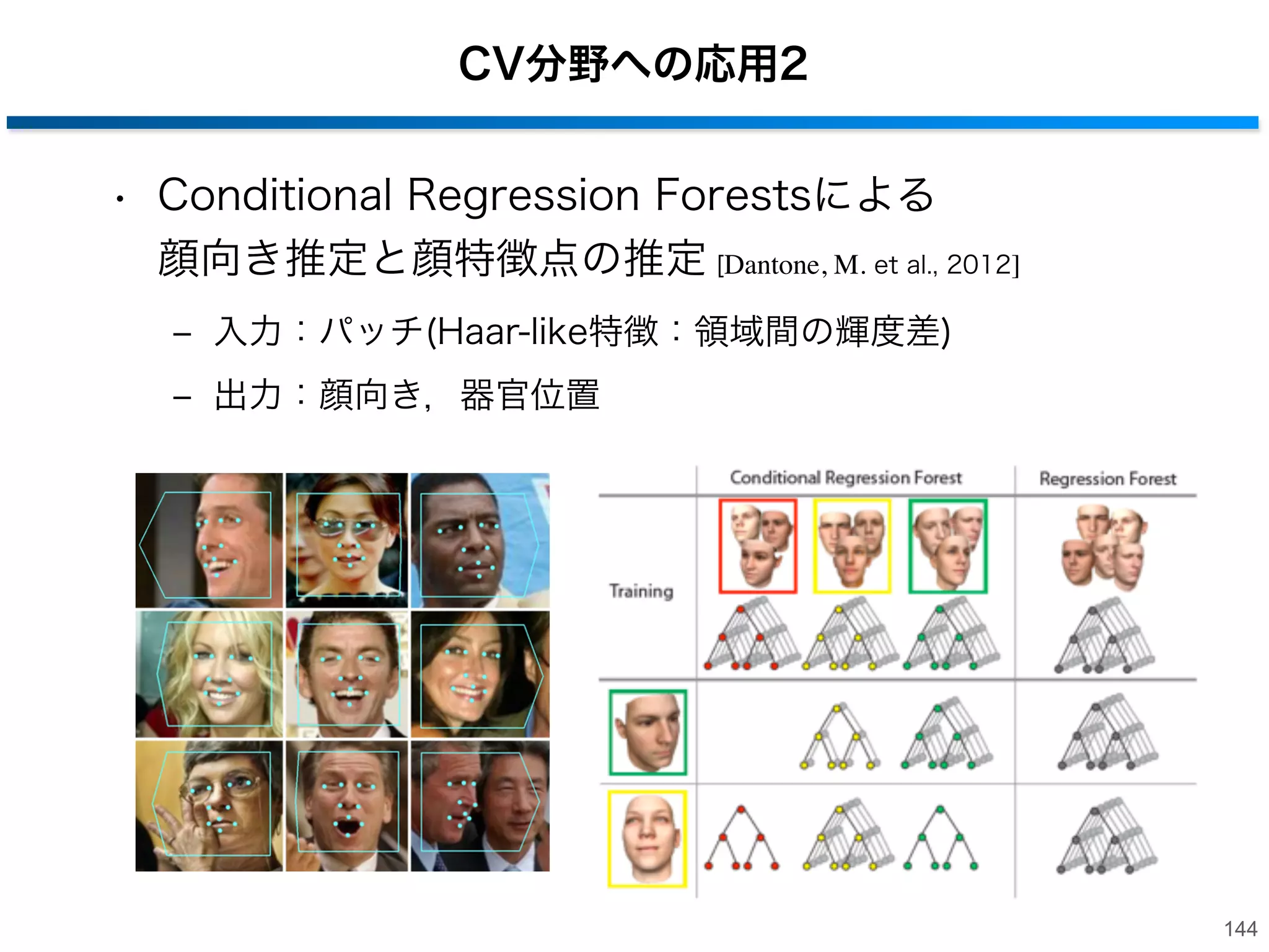 CV分野への応用1
• 距離画像からの人体姿勢推定 [Girshick R. et al., 2011]
‒ Regression Forestにより，直接関節の三次元位置を回帰して推定
‒ 入力：距離画像の2点間の距離差( [Shotton et al., 2011]と同じ)
‒ 出力：人体の関節3次元位置

143

 