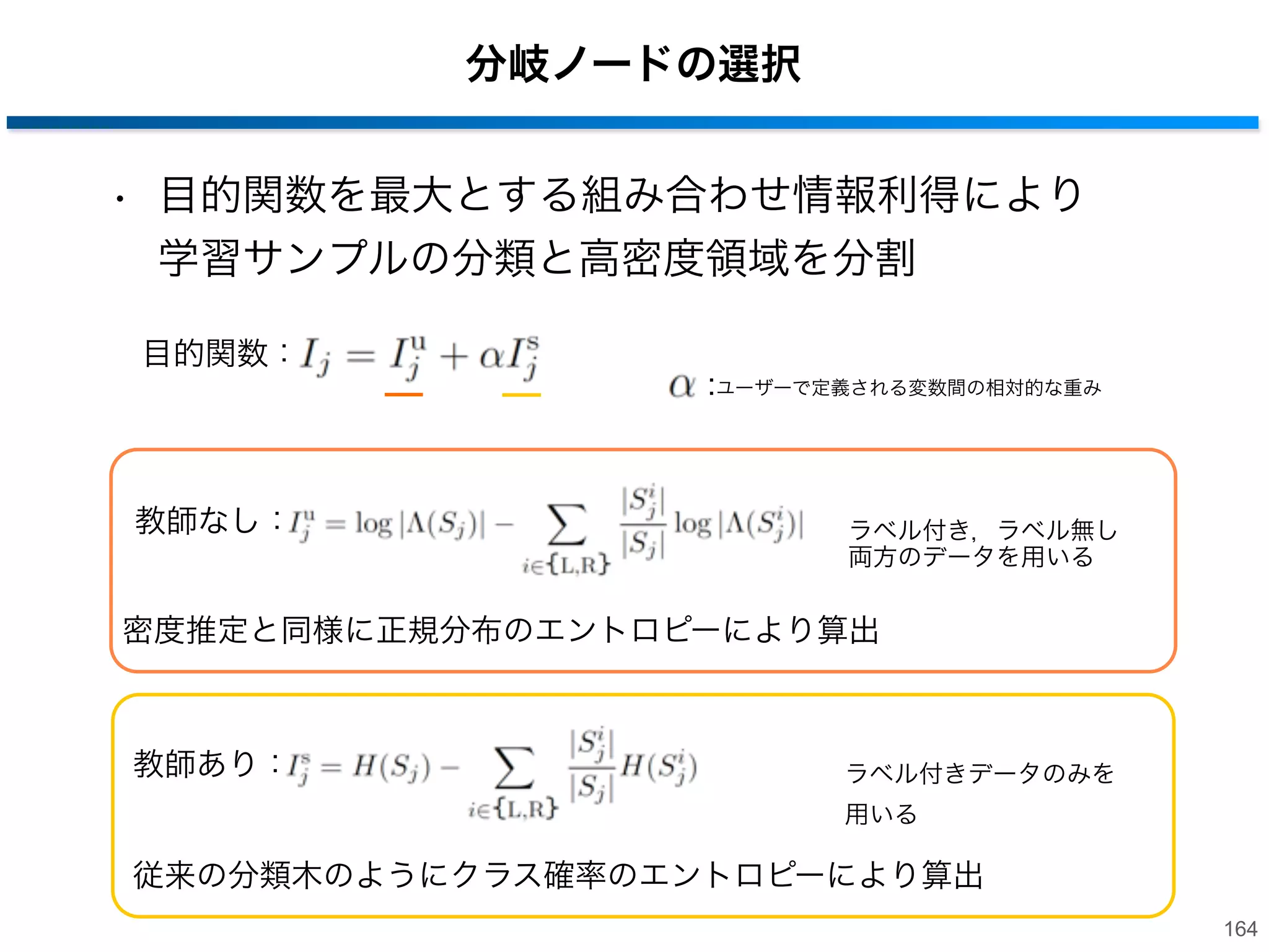 Semi-supervised Forests
• 教師あり学習と密度推定の両方の考え方を利用
‒ ラベル付きサンプルの情報利得とラベル付き，ラベル無し
サンプル集合の正規分布のエントロピーにより分割
‒ ラベルなしサンプルにラベルを伝播
• クラス確率を定義

クラス確率

Random Forests

密度

＋
Density Forests

163

 