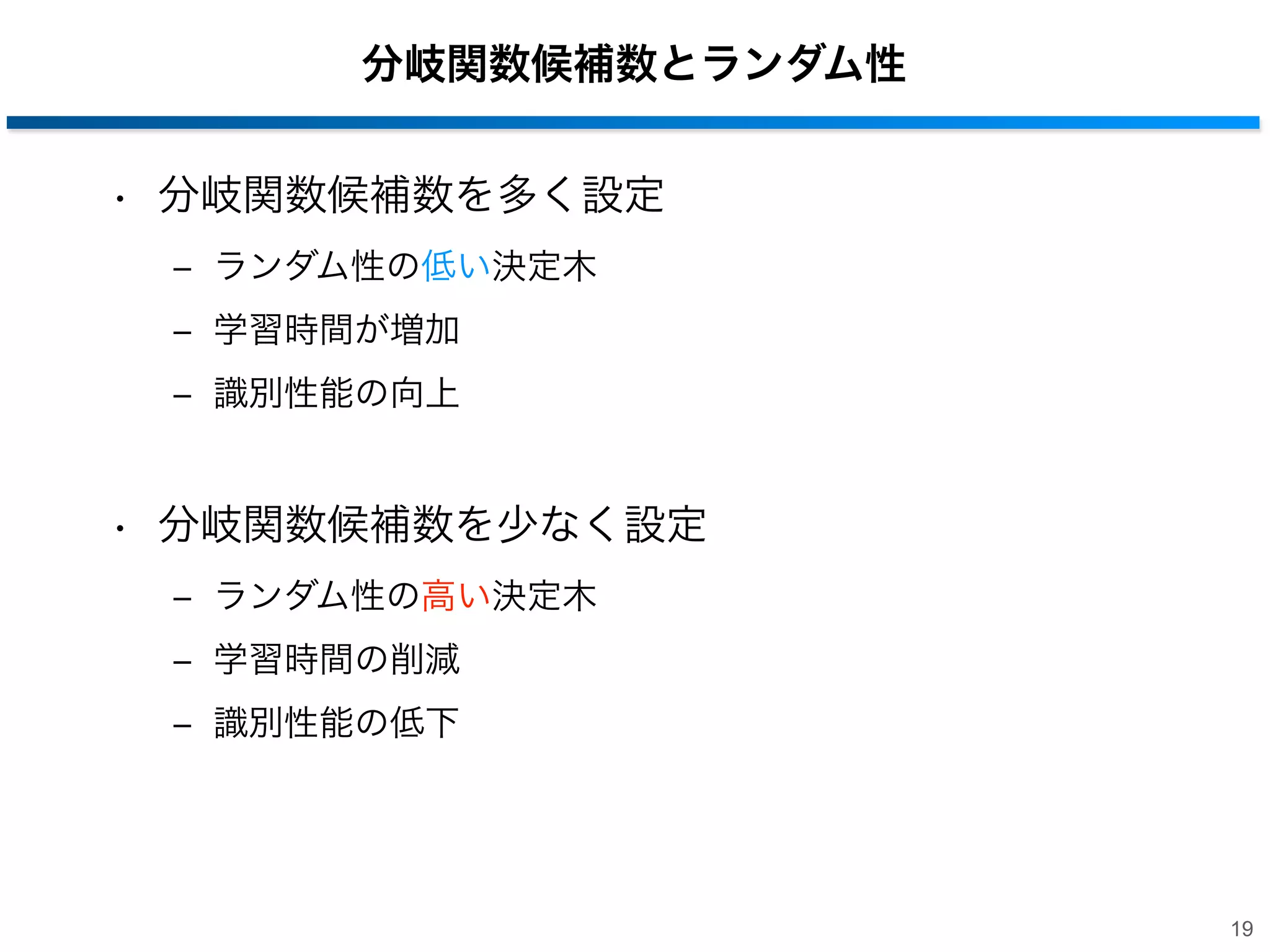 分岐関数候補数とランダム性
• 分岐関数候補数を多く設定
‒ ランダム性の低い決定木
‒ 学習時間が増加
‒ 識別性能の向上

• 分岐関数候補数を少なく設定
‒ ランダム性の高い決定木
‒ 学習時間の削減
‒ 識別性能の低下

19

 