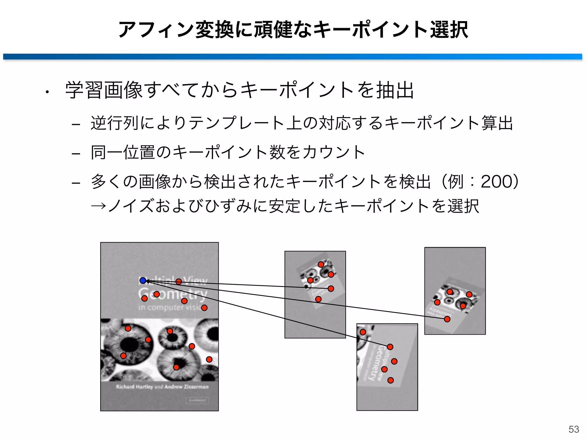 学習画像の生成
• 見えの変化に対応するためテンプレートをアフィン変換
‒ ランダムなパラメータでアフィン変換行列を作成
• 回転，スキュー，平行移動，スケール
（ x , y ）:テンプレート上の座標
（ x’ , y’ ）:アフィン変換後の座標

52

 