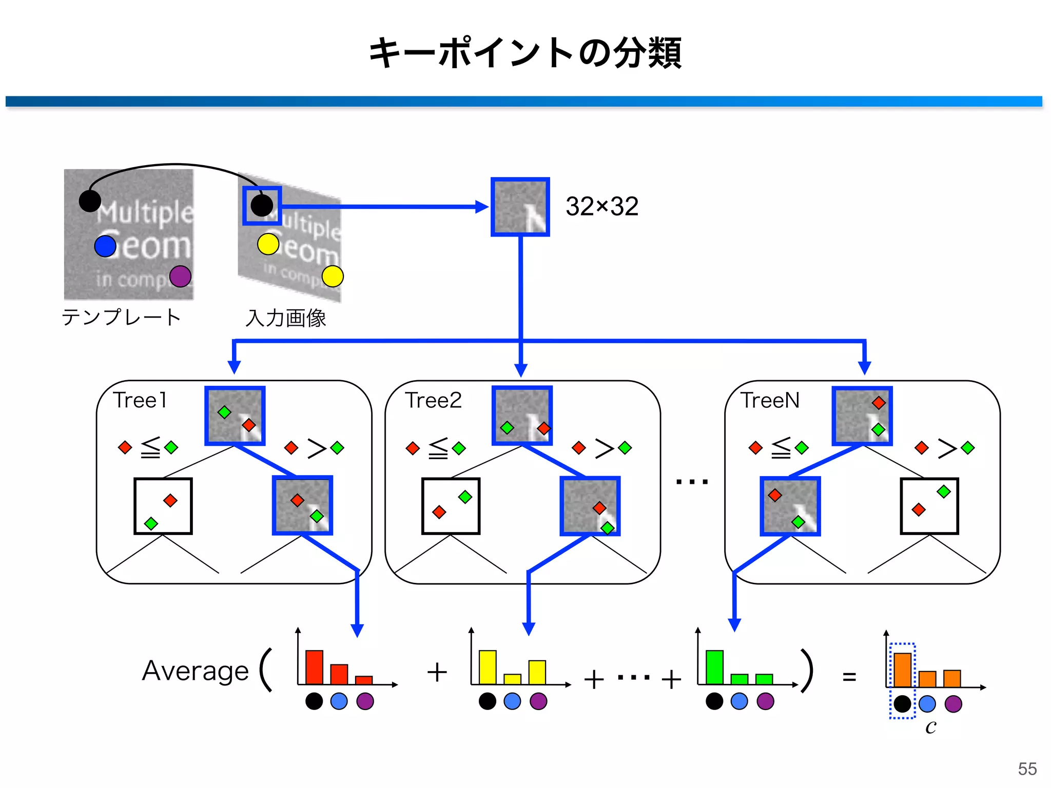 Random Forestsの構築

学習画像

・・・

キーポイント

・・・

キーポイント

・・・

キーポイント

・・・

・・・

サブセット1 サブセット2

≦

サブセットN

＞
ピクセルの位置はランダムに選択
≦

＞

54

 
