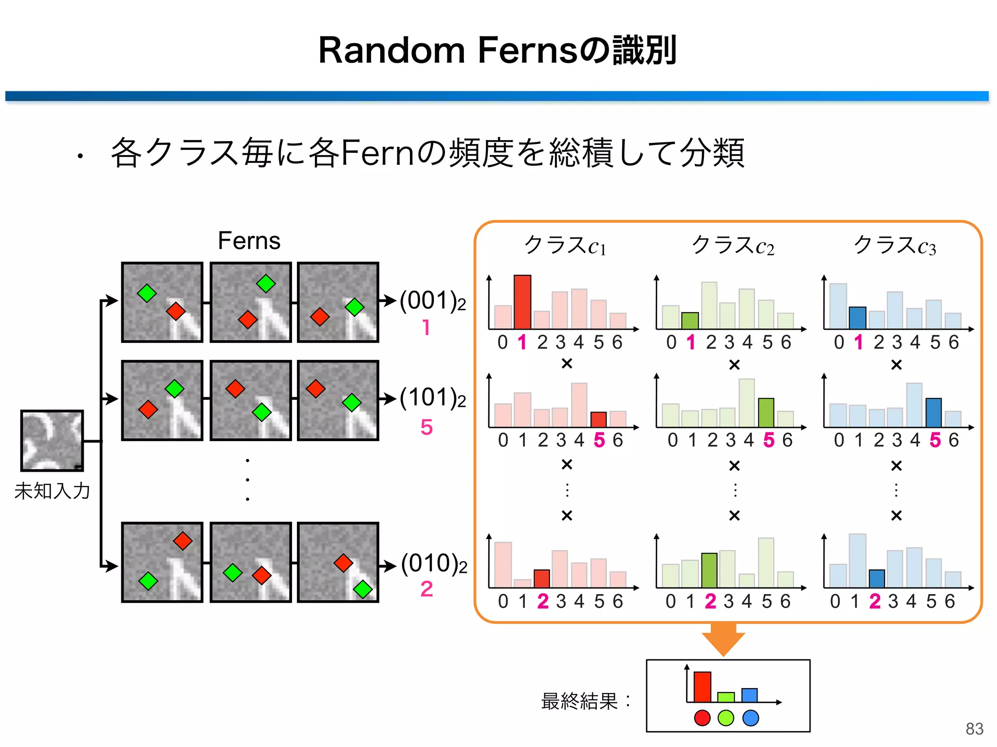 Random Fernsの構築２
• 分岐関数の出力パターンからクラスの頻度分布を作成
Ferns

クラスc1

クラスc2

クラスc3

0 1 23 4 5 6

0 1 23 4 5 6

0 1 23 4 5 6

0 1 23 4 5 6

0 1 23 4 5 6

0 1 23 4 5 6

0 1 23 4 5 6

0 1 23 4 5 6

0 1 23 4 5 6

Fern 1

・・・

・・・

・・・

・・・

Fern 2

Fern T

82

 