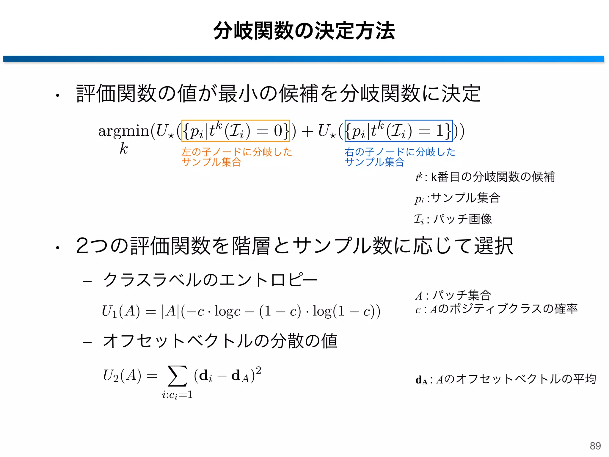 Hough Forestsの分岐関数
• 分岐関数はパッチ内の輝度差を比較
‒ 輝度差がしきい値以下の場合は左, それ以外は右に分岐

-

 Th

分岐ノード
右に分岐

88

 