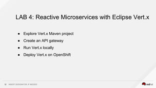 INSERT DESIGNATOR, IF NEEDED12
● Explore Vert.x Maven project
● Create an API gateway
● Run Vert.x locally
● Deploy Vert.x on OpenShift
LAB 4: Reactive Microservices with Eclipse Vert.x
 