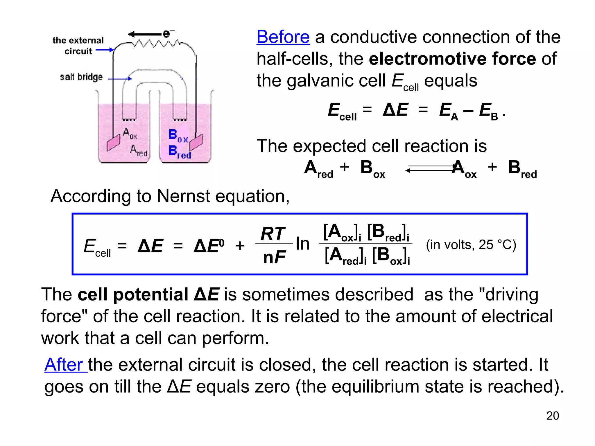 Before  a conductive connection of the half-cells, the  electromotive force  of the galvanic cell  E cell  equals E cell   =   Δ E   =  E A  –  E B  . The expected cell reaction is According to Nernst equation, The  cell potential   Δ E  is sometimes described  as the "driving force" of the cell reaction. It is related to the amount of electrical work that a cell can perform. After  the external circuit is closed, the cell reaction is started. It goes on till the Δ E  equals zero  (the equilibrium state is reached) .  A red   +   B ox   A ox   +   B red the external circuit E cell  =  Δ E   =  Δ E 0   + RT n F ln [ A ox ] i   [ B red ] i [ A red ] i  [ B ox ] i (in volts, 25  °C) 