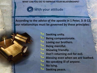 WHAT CAN YOU DO TO IMPROVE YOUR RELATIONSHIPS?A3WithyourattitudeAccording to the advice of the apostle in 1 Peter, 3: 8-12, our relationships must be governed by these principles:Seekingunity.