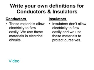 Write your own definitions for Conductors & Insulators Conductors  These materials allow electricity to flow easily. We use these materials in electrical circuits.  Insulators  Insulators don't allow electricity to flow easily and we use these materials to protect ourselves.  Video 