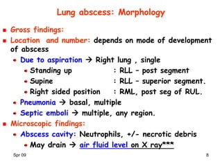 Spr 09 8
Lung abscess: Morphology
Gross findings:
Location and number: depends on mode of development
of abscess
Due to aspiration  Right lung , single
Standing up : RLL – post segment
Supine : RLL – superior segment.
Right sided position : RML, post seg of RUL.
Pneumonia  basal, multiple
Septic emboli  multiple, any region.
Microscopic findings:
Abscess cavity: Neutrophils, +/- necrotic debris
May drain  air fluid level on X ray***
 