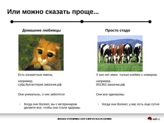 REDHAT ENTERPRISE LINUXOPENSTACKPLATFORM
Или можно сказать проще...
Домашние любимцы Просто стадо
Есть конкретные имена,
например,
субд-бухгалтерия.заказчик.рф
Они уникальны, о них заботятся
● Когда они болеют, вы с ветеринаром
делаете все, чтобы они стали здоровы
У них нет имен, только клеймо с номером,
например,
001362.заказчик.рф
Они все одинаковы
● Когда они болеют, у вас есть еще сотня
 