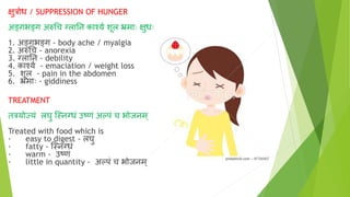 क्षुत्रोध / SUPPRESSION OF HUNGER
अङ्गभङ्ग अरुचच नलानन काश्य् शूल भ्रमााः क्षुधाः
1. अङ्गभङ्ग - body ache / myalgia
2. अरुचच - anorexia
3. नलानन - debility
4. काश्य् - emaciation / weight loss
5. शूल - pain in the abdomen
6. भ्रमााः - giddiness
TREATMENT
तत्रयोज्यं लघु ग्स्ननधं उष्टणं अल्पं च भोजनम्
Treated with food which is
· easy to digest - लघु
· fatty - ग्स्ननधं
· warm - उष्टणं
· little in quantity - अल्पं च भोजनम्
 