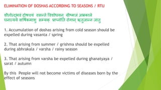 ELIMINATION OF DOSHAS ACCORDING TO SEASONS / RTU
शीतोत्र्दभवं िोषचयं वसन्ते ववशोधयन् ग्रीष्टमजं अभ्रकाले
घनात्यये वावष्कमाशु सम्यक् प्राप्नोनत रोगान् ऋतुजान्न जातु
1. Accumulation of doshas arising from cold season should be
expelled during vasanta / spring
2. That arising from summer / grishma should be expelled
during abhrakala / varsha / rainy season
3. That arising from varsha be expelled during ghanatyaya /
sarat / autumn
By this People will not become victims of diseases born by the
effect of seasons
 