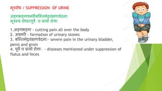 मूत्ररोध / SUPPRESSION OF URINE
अङ्गभङ्गाश्मरीबग्स्तमेढ्रवंक्षणवेिनााः
मूत्रस्य रोधात्पूवे च प्रायो रोगााः
1.अङ्गभङ्गा - cutting pain all over the body
2. अश्मरी - formation of urinary stones
3. बग्स्तमेढ्रवंक्षणवेिनााः- severe pain in the urinary bladder,
penis and groin
4. पूवे च प्रायो रोगााः - diseases mentioned under suppression of
flatus and feces
 