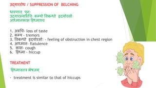 उर्दगाररोध / SUPPRESSION OF BELCHING
धारणात् पुनाः
उर्दगारस्यारुचचाः कम्पो ववबन्धो हृियोरसोाः
आर्धमानकास दहर्धमाश्च
1. अरुचच- loss of taste
2. कम्प - tremors
3. ववबन्धो हृियोरसोाः - feeling of obstruction in chest region
4. आर्धमान- flatulence
5. कास- cough
6. दहर्धमा - hiccup
TREATMENT
दहर्धमावित्र भेषजम्
· treatment is similar to that of hiccups
 