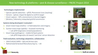 biosecurity built on science
New technology & opportunitiesTechnologies implemented
• Species specific detection – qPCR, Pheromone lures (stacking)
• Sensors - optical, impact & digital to confirm target
• Smart capture – GPS, environment or diurnal triggers
• Wireless / telemetry networked grid & transmission
Systems being developed / evaluated –
A. Smart insect traps (moths) – in field detection and imagery
B. Suction insect traps (aphids) – localized monitoring
― Lab qPCR diagnostics (mixed populations)
C. Smart traps (pathogens) – mobile & fixed systems
— Lab qPCR diagnostics & toward ‘real-time’ sensor detection
Field evaluation, technology adaptation, collaboration
• DAFF/USQ & SARDI – Qld and SA test sites
• Rothamsted & Burkard Manufacturing Co. – UK
Research & opportunities – Surveillance and New technologiesNew technology & platforms – pest & disease surveillance – PBCRC Project 2014
B
C
A
 
