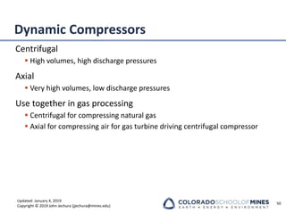Updated: January 4, 2019
Copyright © 2019 John Jechura (jjechura@mines.edu)
Dynamic Compressors
Centrifugal
▪ High volumes, high discharge pressures
Axial
▪ Very high volumes, low discharge pressures
Use together in gas processing
▪ Centrifugal for compressing natural gas
▪ Axial for compressing air for gas turbine driving centrifugal compressor
50
 