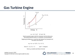 Updated: January 4, 2019
Copyright © 2019 John Jechura (jjechura@mines.edu)
Temperature
T
Entropy S
P2 = P3
Patm = P1 = P4
1
2
3
4
wS = -∆h = -CP∆T (9.1 and 1.18)
Note the equations apply to both the compressor and the turbine,since
thermodynamically the turbine is a compressor running backwards
Neglecting the differences in mass flow rates between the compressor and
the turbine, the net work is:
wnet = wt – wc = CP(T3 – T4) – (T2 -T1)
Since (T3 – T4) > (T2 – T1) (see T – S diagram)
Since wnet is positive work flows to the load
Gas Turbine Engine
64
 