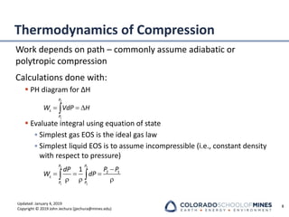 Updated: January 4, 2019
Copyright © 2019 John Jechura (jjechura@mines.edu)
Thermodynamics of Compression
Work depends on path – commonly assume adiabatic or
polytropic compression
Calculations done with:
▪ PH diagram for ΔH
▪ Evaluate integral using equation of state
• Simplest gas EOS is the ideal gas law
• Simplest liquid EOS is to assume incompressible (i.e., constant density
with respect to pressure)
8
= = 

2
1
P
s
P
W VdP H
−
= = =
  
 
2 2
1 1
2 1
1
P P
s
P P
dP P P
W dP
 