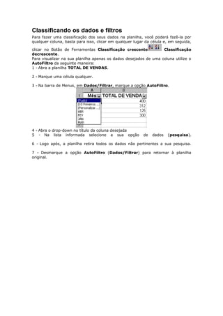 Classificando os dados e filtros
Para fazer uma classificação dos seus dados na planilha, você poderá fazê-la por
qualquer coluna, basta para isso, clicar em qualquer lugar da célula e, em seguida,
clicar no Botão de Ferramentas Classificação crescente Classificação
decrescente.
Para visualizar na sua planilha apenas os dados desejados de uma coluna utilize o
AutoFiltro da seguinte maneira:
1 - Abra a planilha TOTAL DE VENDAS.
2 - Marque uma célula qualquer.
3 - Na barra de Menus, em Dados/Filtrar, marque a opção AutoFiltro.
4 - Abra o drop-down no título da coluna desejada
5 - Na lista informada selecione a sua opção de dados (pesquisa).
6 - Logo após, a planilha retira todos os dados não pertinentes a sua pesquisa.
7 - Desmarque a opção AutoFiltro (Dados/Filtrar) para retornar à planilha
original.
 