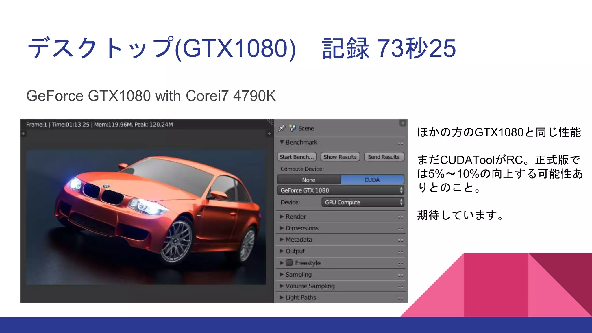 デスクトップ(GTX1080) 記録 73秒25
GeForce GTX1080 with Corei7 4790K
ほかの方のGTX1080と同じ性能
まだCUDAToolがRC。正式版で
は5%～10%の向上する可能性あ
りとのこと。
期待しています。
 