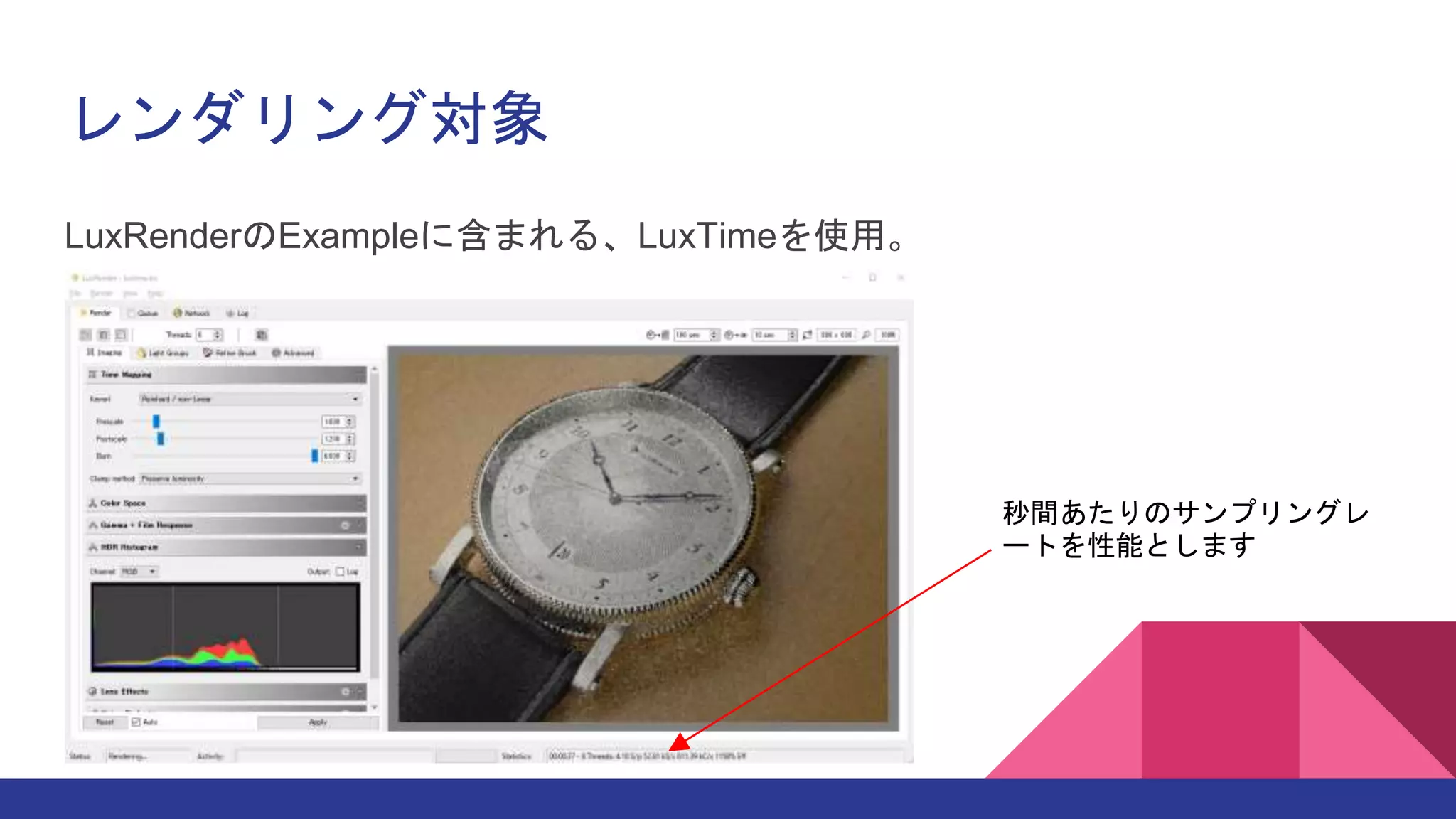 レンダリング対象
LuxRenderのExampleに含まれる、LuxTimeを使用。
秒間あたりのサンプリングレ
ートを性能とします
 