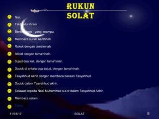 Rukun
solatNiat.
Takbiratul ihram
Berdiri bagi yang mampu.
Membaca surah Al-fatihah.
Rukuk dengan tama'ninah
Iktidal dengan tama'ninah.
Sujud dua kali, dengan tama'ninah.
Duduk di antara dua sujud, dengan tama'ninah.
Tasyahhud Akhir dengan membaca bacaan Tasyahhud.
Duduk dalam Tasyahhud akhir.
Selawat kepada Nabi Muhammad s.a.w dalam Tasyahhud Akhir.
Membaca salam.
Tertib.
11/01/1711/01/17 88SOLATSOLAT
 