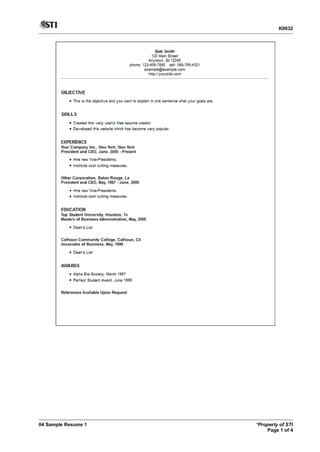 K0032
04 Sample Resume 1 *Property of STI
Page 1 of 4
 