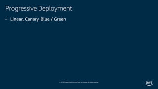© 2019, Amazon Web Services, Inc. or its affiliates. All rights reserved.
Progressive Deployment
• Linear, Canary, Blue / Green
 