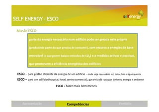 SELF ENERGY – ESCO

 Missão ESCO:

           parte da energia necessária num edifício pode ser gerada nele próprio

           (produzindo parte do que precisa de consumir), com recurso a energias de base

           renovável (e que gerem baixas emissões de CO2) e a medidas activas e passivas,

           que promovem a eficiência energética dos edifícios


 ESCO – para gestão eficiente da energia de um edifício      - onde seja necessário luz, calor, frio e água quente

 ESCO – para um edifício (hospital, hotel, centro comercial), garantia de - poupar dinheiro, energia e ambiente
                                  ESCO = fazer mais com menos




     Apresentação                           Competências                                    Portfólio
 