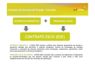 Contratos de Serviços de Energia - Conceito



      EFICIÊNCIA ENERGÉTICA                               PRODUÇÃO LOCAL




                    CONTRATO ESCO (ESE)

 EFICIÊNCIA ENERGÉTICA – A ESCO (ESE) analisa o edifício para detectar desperdícios de energia e
 apresenta medidas que permitem a redução energética, através de tecnologias de energias
 renováveis e alteração de diversos elementos como iluminação, isolamentos, pavimentos, entre
 outros que potenciem a eficiência energética.

 PRODUÇÃO LOCAL DE ENERGIA – A ESCO (ESE) concebe todo o projecto de engenharia e implementa
 as soluções/tecnologias que vão garantir energia para consumo e para venda à rede (com
 estabelecimento de contrato de concessão de exploração).
 