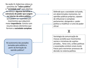 Na seção III, Habermas coloca os
conceitos de “esfera pública”
e “sociedade civil” com objetivo
de esboçar algumas barreiras e
estruturas de poder que surgem
no interior da esfera pública,
que podem ser superadas por
movimentos que adquirem
maior importância. Conclui com
resumo desses elementos que
formam a sociedade complexa
Defende que a sociedade civil pode,
em determinados momentos, ter
opiniões públicas próprias, capazes
de influenciar o complexo
parlamentar, obrigando o poder
político a modificar o rumo do poder
oficial.
Sociologia da comunicação de
massas acredita que movimentos
sociais e iniciativas de sujeitos
privados , foros civis, uniões políticas
e associações emitem sinais muito
fracos para reorientar processos de
decisão no sistema político.
X
Há autonomia das posições
tomadas pelo público a
partir da formação da
opinião pública?
 
