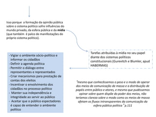 Isso porque a formação da opinião pública
sobre o sistema político sofre influências do
mundo privado, da esfera pública e da mídia
(que também é palco de manifestações do
próprio sistema político).
Tarefas atribuídas à mídia no seu papel
diante dos sistemas políticos
constitucionais (Gurevitch e Blumler, apud
HABERMAS)
- Vigiar o ambiente sócio-político e
informar os cidadãos
- Definir a agenda política
- Permitir o diálogo entre
representantes e representados
- Criar mecanismos para prestação de
contas dos eleitos
- Incentivar o envolvimento dos
cidadãos no processo político
- Manter sua independência e
integridade ao servir ao público
- Aceitar que o público espectadores
é capaz de entender o ambiente
político
“mesmo que conhecêssemos o peso e o modo de operar
dos meios de comunicação de massa e a distribuição de
papéis entre público e atores, e mesmo que pudéssemos
opinar sobre quem dispõe do poder dos meios, não
teríamos clareza sobre o modo como os meios de massa
afetam os fluxos intransparentes da comunicação da
esfera pública política” p.111
 