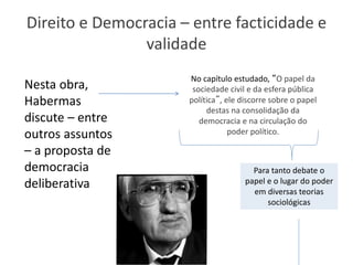Direito e Democracia – entre facticidade e
validade
No capítulo estudado, “O papel da
sociedade civil e da esfera pública
política”, ele discorre sobre o papel
destas na consolidação da
democracia e na circulação do
poder político.
Nesta obra,
Habermas
discute – entre
outros assuntos
– a proposta de
democracia
deliberativa
Para tanto debate o
papel e o lugar do poder
em diversas teorias
sociológicas
 
