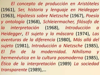El concepto de producción en Aristóteles
(1961), Ser, historia y lenguaje en Heidegger
(1963), Hipótesis sobre Nietzsche (1967), Poesía
y ontología (1968), Schleiermacher, filósofo de
la interpretación (1968), Introducción a
Heidegger, El sujeto y la máscara (1974), Las
aventuras de la diferencia (1980), Más allá del
sujeto (1981), Introducción a Nietzsche (1985),
El fin de la modernidad. Nihilismo y
hermenéutica en la cultura posmoderna (1985),
Ética de la interpretación (1989) La sociedad
transparente (1989),…
 