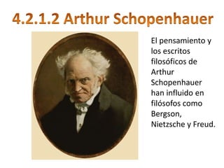 El pensamiento y
los escritos
filosóficos de
Arthur
Schopenhauer
han influido en
filósofos como
Bergson,
Nietzsche y Freud.
 