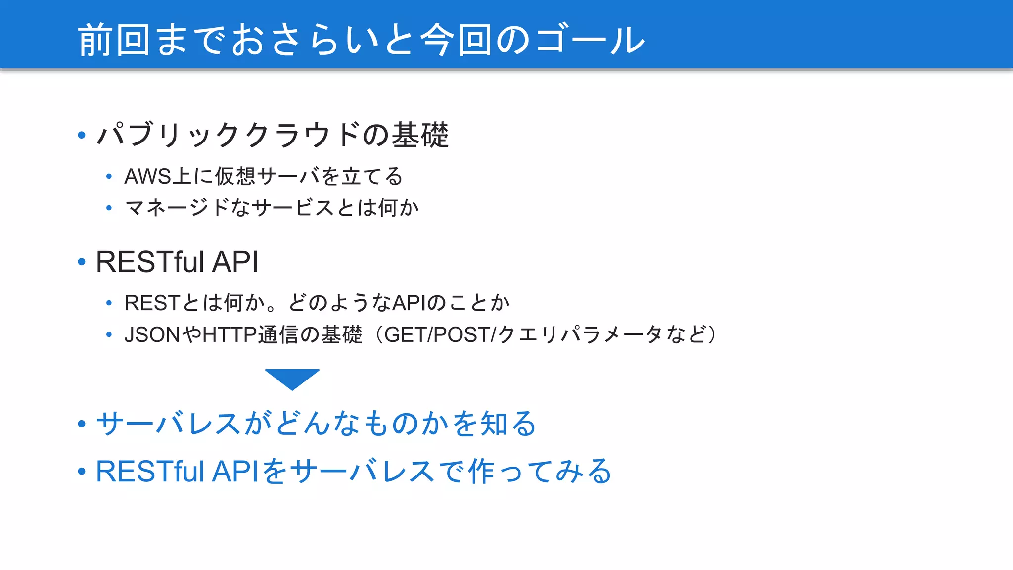 • パブリッククラウドの基礎
• AWS上に仮想サーバを立てる
• マネージドなサービスとは何か
• RESTful API
• RESTとは何か。どのようなAPIのことか
• JSONやHTTP通信の基礎（GET/POST/クエリパラメータなど）
前回までおさらいと今回のゴール
• サーバレスがどんなものかを知る
• RESTful APIをサーバレスで作ってみる
 