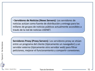 Tópicos
C:
Hw
Servidores
12
Profesor: Eduardo Peña J.
Tipos de Servidores
• Servidores de Noticias (News Servers): Los ser...