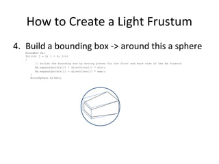 How to Create a Light Frustum
4. Build a bounding box -> around this a sphereBoundBox bb;
for(int j = 0; j < 4; j++)
{
// builds the bounding box by moving planes for the front and back side of the bb forward
bb.expand(points[j] + directions[j] * min);
bb.expand(points[j] + directions[j] * max);
}
BoundSphere bs(bb);
 